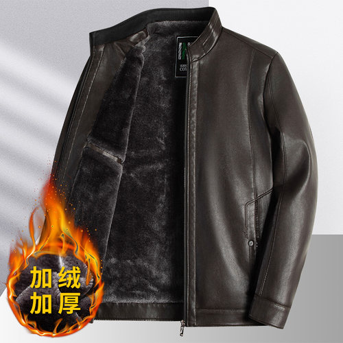 冬季高档真皮皮衣加绒加厚冬天男士翻领中老年爸爸保暖皮夹克外套 - 图0
