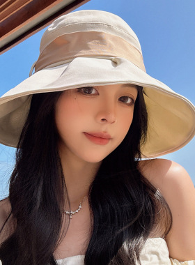 大沿防晒帽子女士春夏季遮阳沙滩渔夫帽户外休闲太阳帽折叠盆帽潮