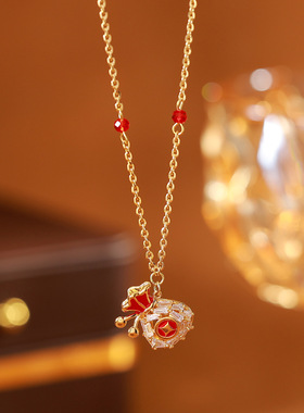 红色锆石铜钱福袋毛衣链轻奢女款