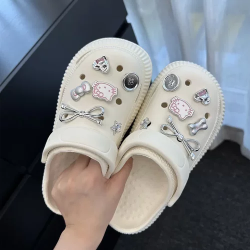 电镀蝴蝶结crocs洞洞鞋鞋花鞋扣配饰diy少女kt猫粉色高级装饰配件 - 图1