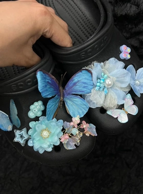 跨境电商仿真蝴蝶蓝色系花朵鞋花鞋扣配件爆款DIY鞋饰品