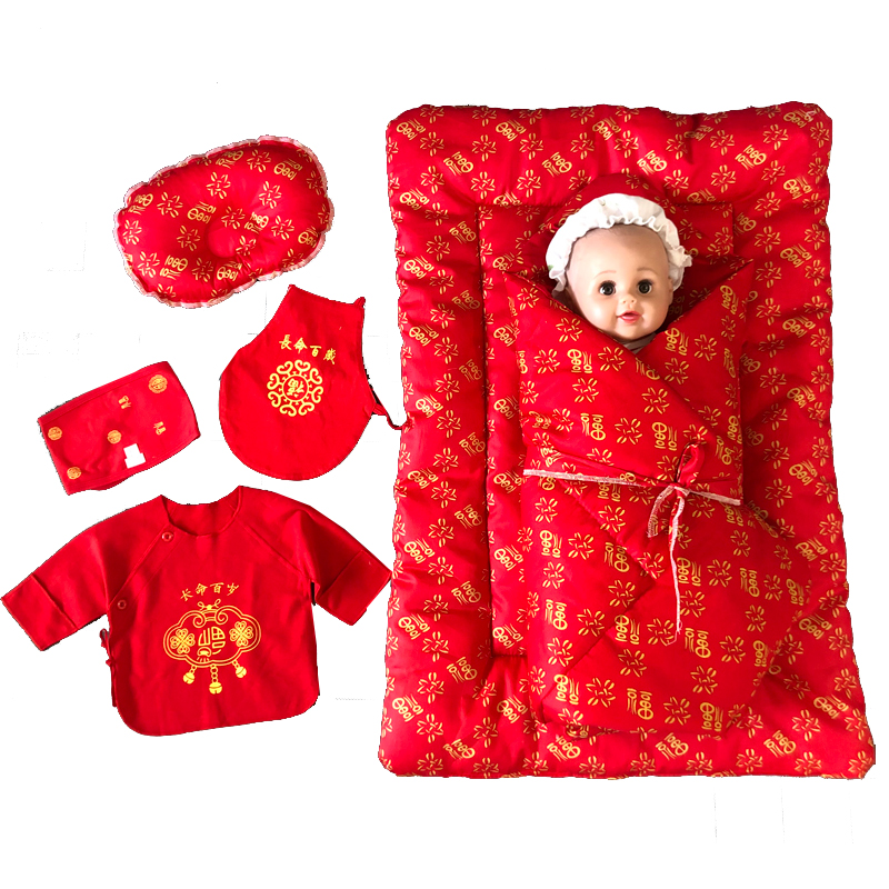 新生儿大红色初生婴儿纯棉包被褥子枕头衣服肚兜肚围中国红被子套 - 图3