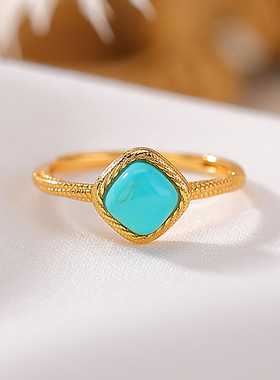 s925纯银镀金绿松石扭麻纹菱形几何简约气质百搭银戒指活口可调节