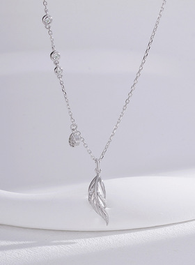 羽你相伴锆石项链女s925纯银简约羽毛感银杏叶轻奢锁骨链饰品