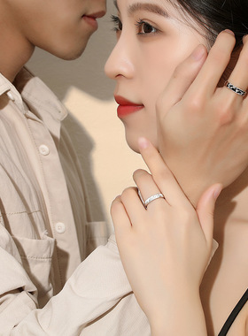 925纯银情侣戒指玫瑰金素圈ins字母对戒女开口指环戒子情人节礼物