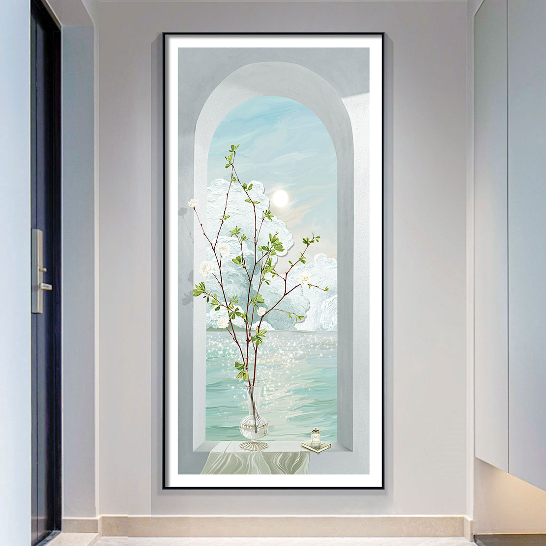 玄关装饰画花卉油画现代简约走廊过道竖版客厅正对门走廊尽头大画 - 图0