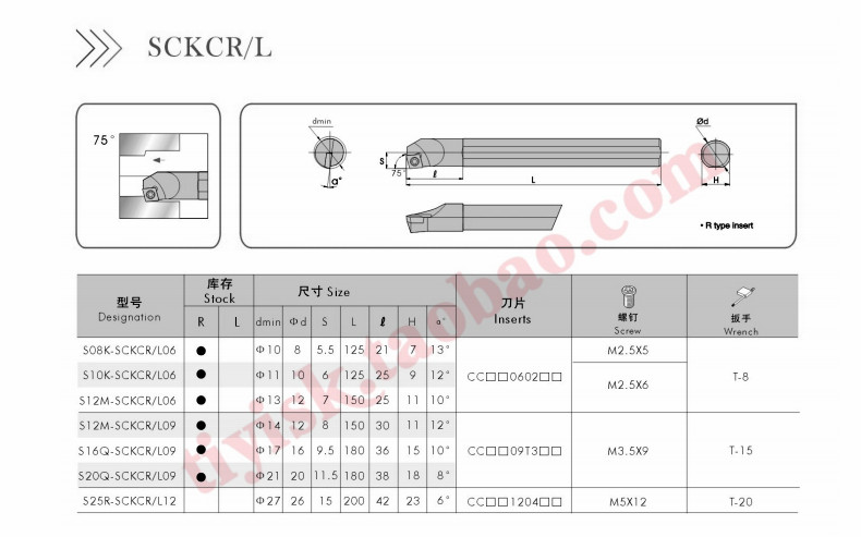 三韩刀杆 钝角75度内孔刀杆S10K S12M S16Q S20Q-SCKCR06 SCKCR09 - 图1