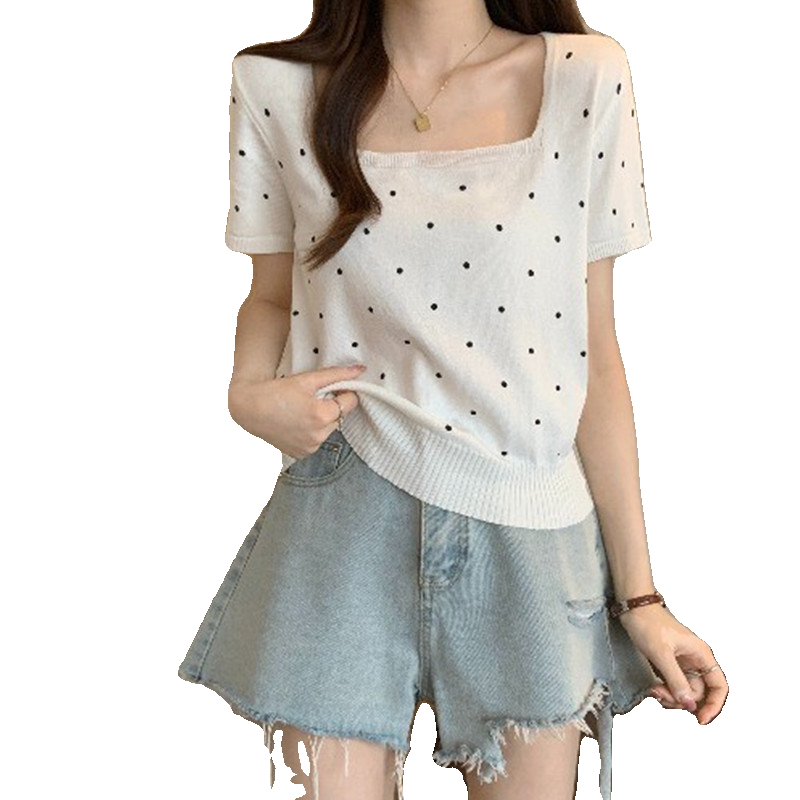 大码黑色波点方领正肩针织短袖t恤女夏季夏设计感小个子短款上衣 - 图3