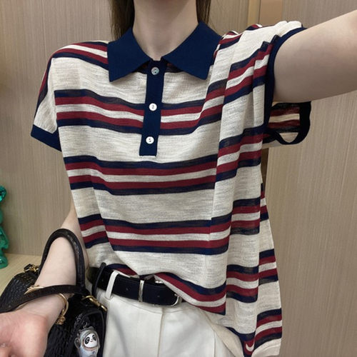 2026夏季新款大码宽松显瘦无袖上衣条纹Polo领冰丝短袖T恤女薄款 - 图0