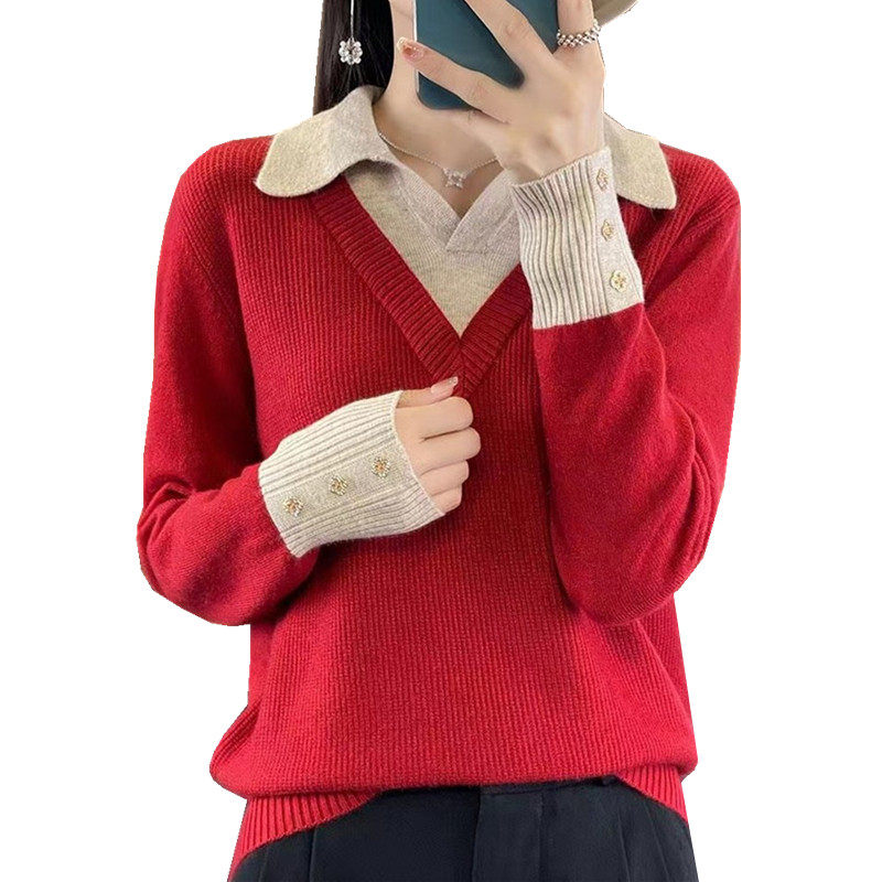 大码女装胖妹妹打底针织衫女士长袖假两件上衣时尚洋气POLO领毛衣,淘宝优惠券,粉丝福利购,淘宝优惠卷