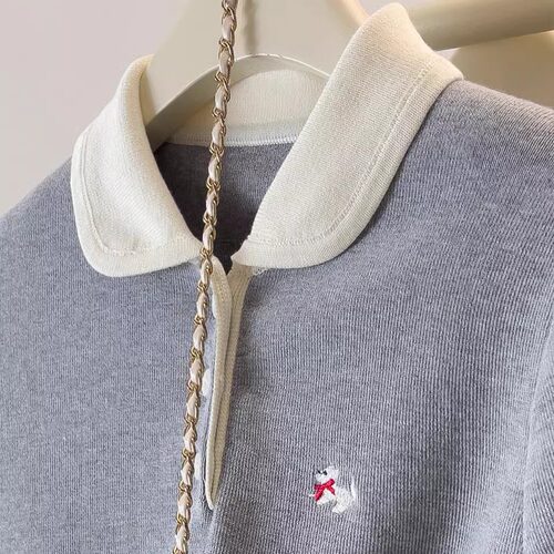 超好看可爱小狗刺绣POLO领短袖T恤女夏大码胖MM纽扣套头针织上衣 - 图1