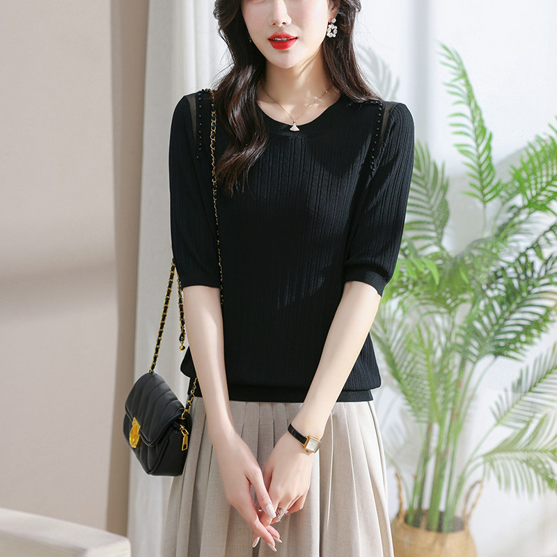 大码女装轻奢风冰丝针织短袖女夏钉珠设计感上衣宽松五分袖T恤衫,淘宝优惠券,粉丝福利购,淘宝优惠卷