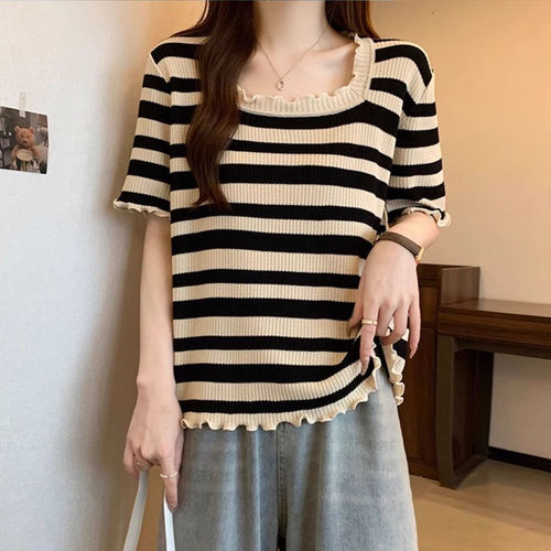 大码女装木耳边方口领冰丝短袖T恤女夏季宽松显瘦条纹针织上衣潮 - 图0