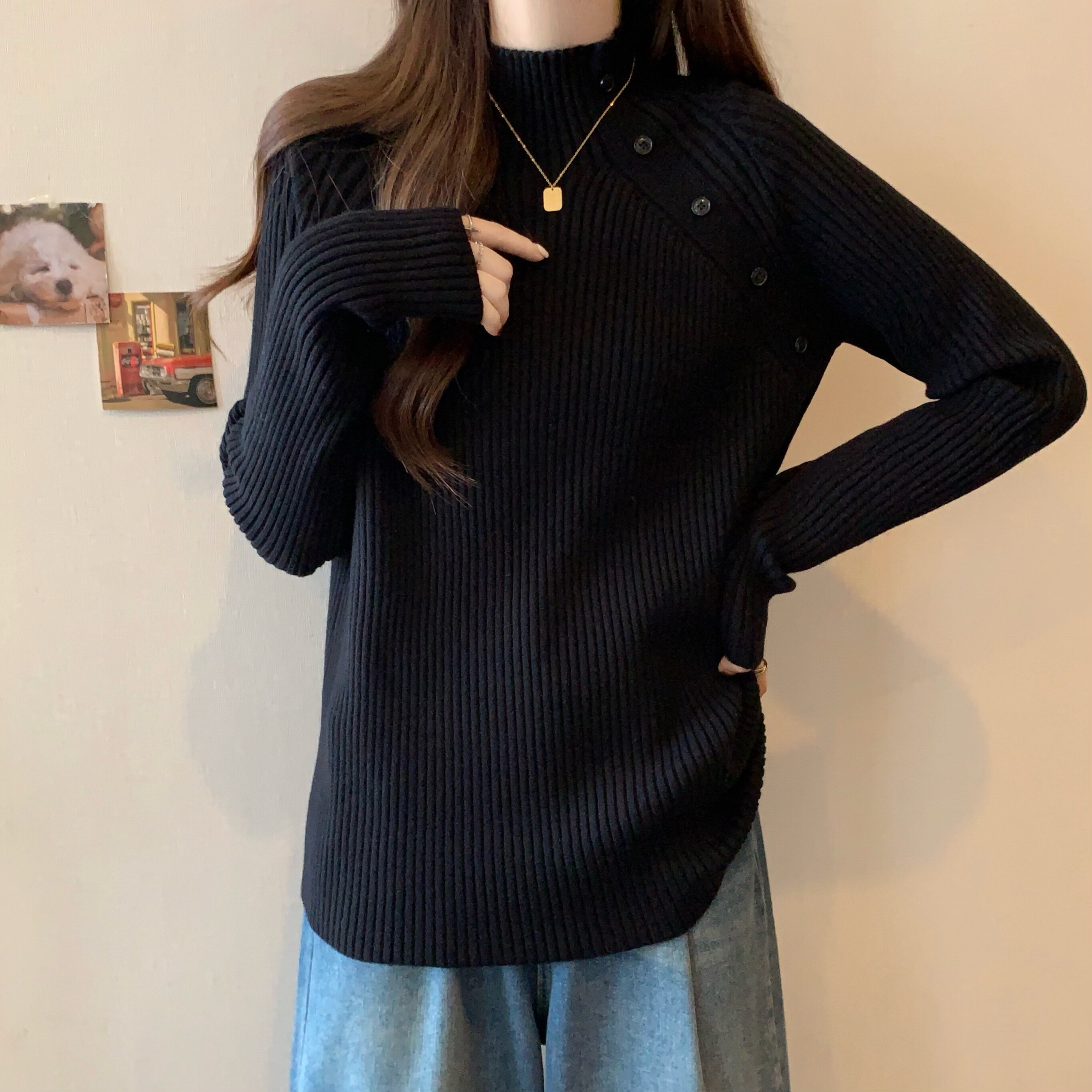 宽松显瘦【80-200斤】半高领打底毛衣女冬大码胖妹妹纽扣设计上衣,淘宝优惠券,粉丝福利购,淘宝优惠卷