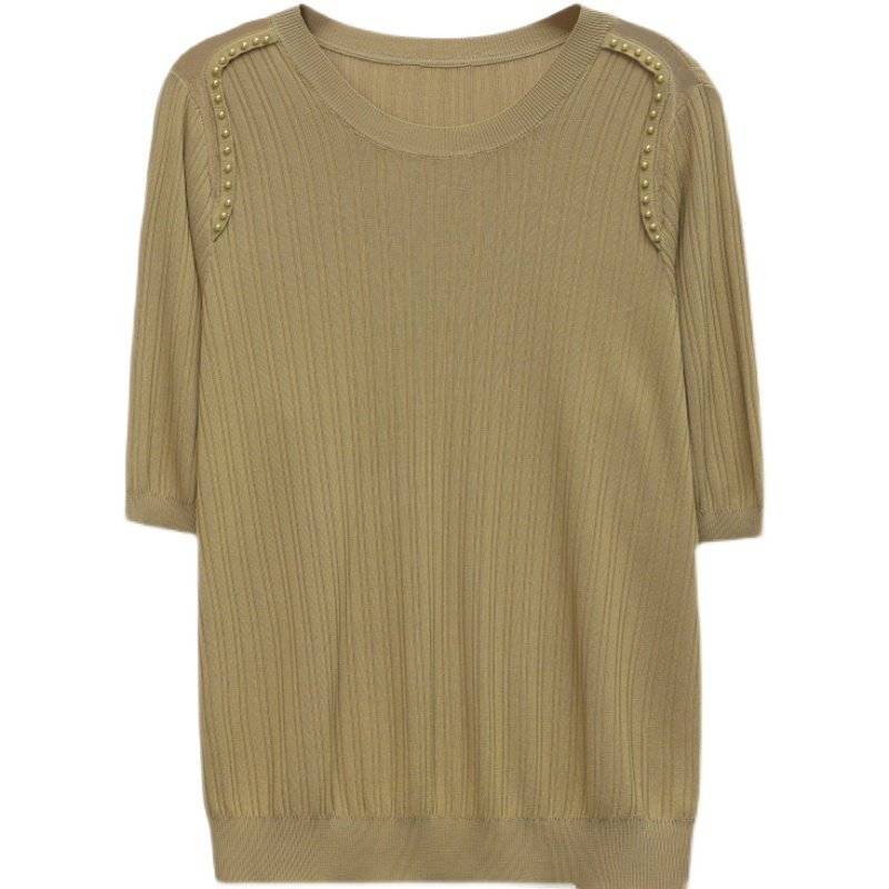 大码女装轻奢风冰丝针织短袖女夏钉珠设计感上衣宽松五分袖T恤衫,淘宝优惠券,粉丝福利购,淘宝优惠卷