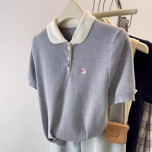 超好看可爱小狗刺绣POLO领短袖T恤女夏大码胖MM纽扣套头针织上衣 - 图0