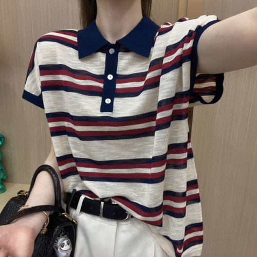 2026夏季新款大码宽松显瘦无袖上衣条纹Polo领冰丝短袖T恤女薄款 - 图3