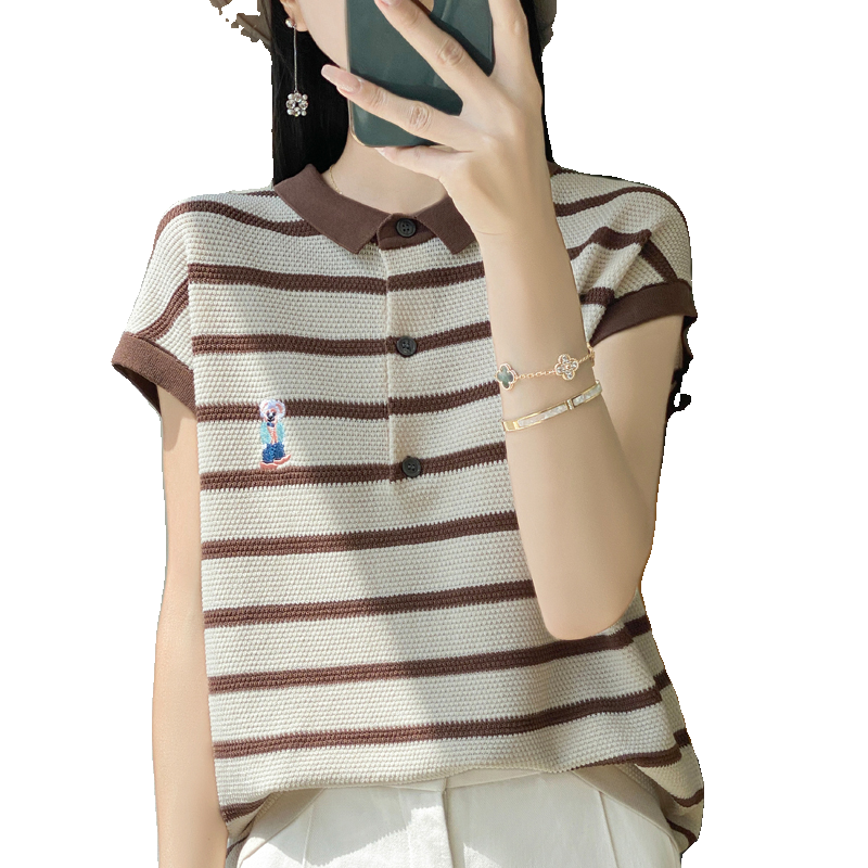大码女装撞色Polo领小熊刺绣短袖T恤减龄宽松显瘦薄款针织上衣薄,淘宝优惠券,粉丝福利购,淘宝优惠卷
