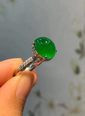 天然冰透正阳绿蛋面翡翠色玉髓戒指缅甸帝王绿满绿开口指环气质女
