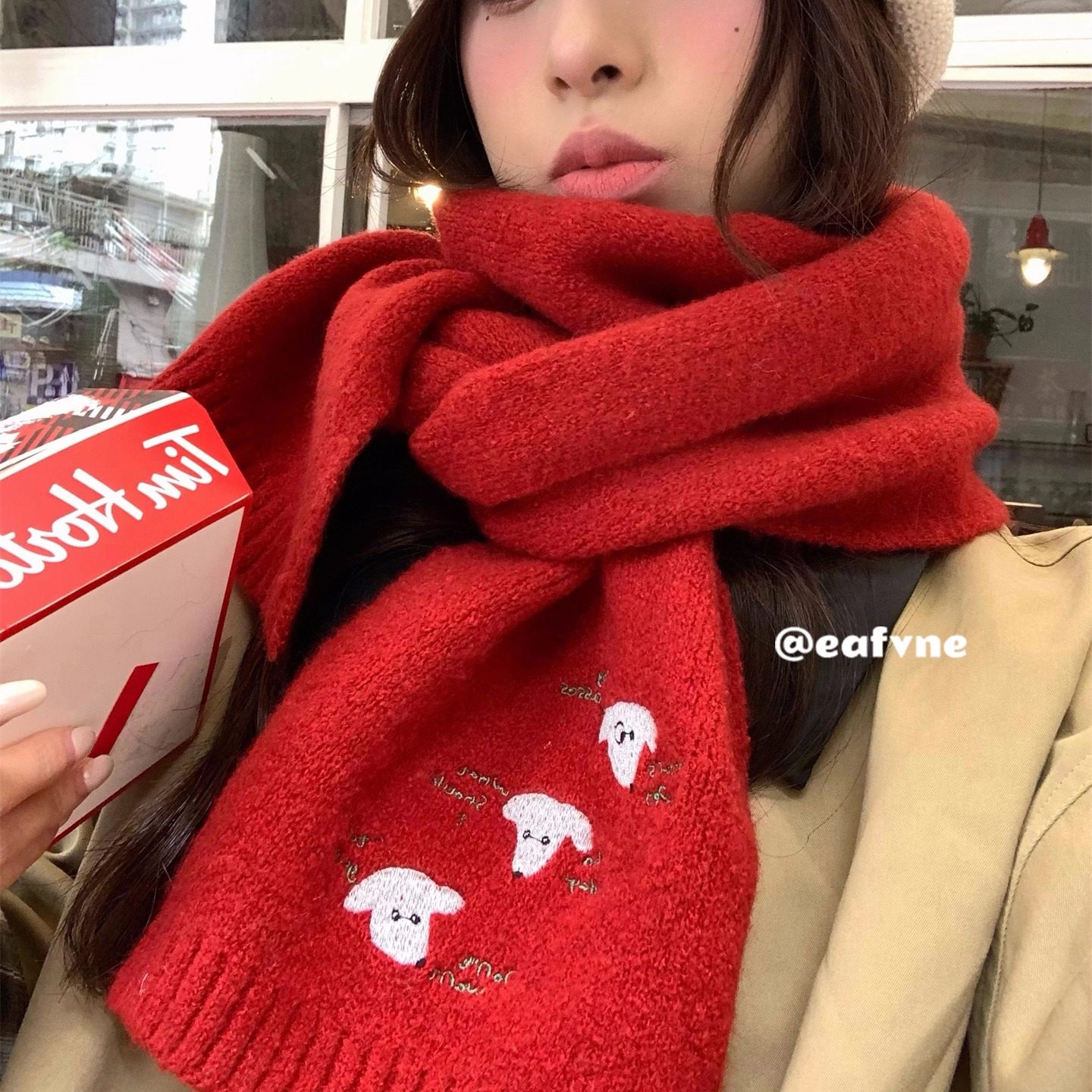 含羊毛日系蓝白小狗刺绣学院风针织围巾秋冬保暖百搭减龄围脖女,淘宝优惠券,粉丝福利购,淘宝优惠卷