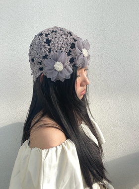早春薄款镂空帽女帽优雅文艺花朵毛线帽可爱织帽小众设计套头帽女