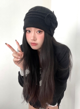 全羊毛复古时尚玫瑰花保暖质感小众设计款大头帽渔夫帽百搭礼帽