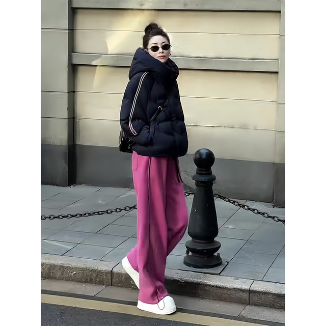 Coco Huanjie autumn and winter washed hip-lifting pima cotton plus velvet strips smiling face straight women's long casual sports pants