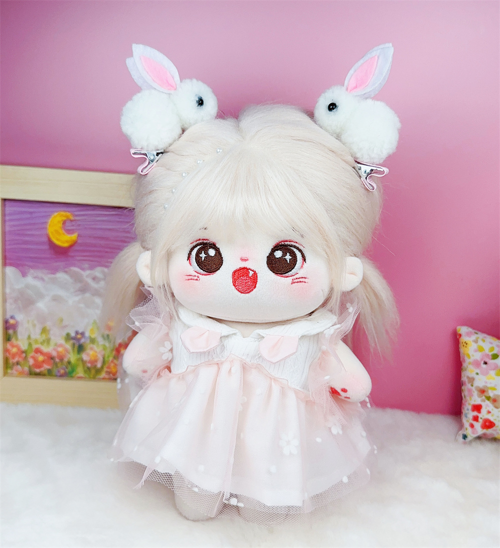 娃衣20cm棉花娃娃衣服粉色连衣裙子玩偶公仔纱裙带可爱小兔子发夹 - 图0