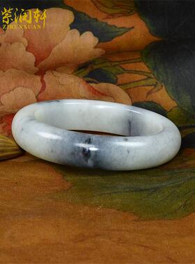 紫润轩新疆和田玉白玉水墨青花手镯籽料正装大美60 5MM哑光传家级
