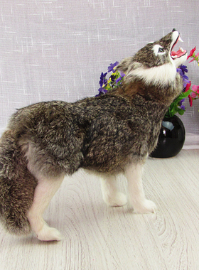 蹲狼叫狼 仿真狼 真皮仿真小狼 真皮手工工艺品 家居摆件 饰品