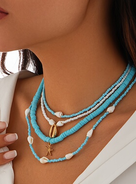 欧美跨境饰品沙滩串珠项链仿珍珠项饰海星贝壳复古度假