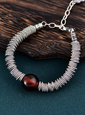 复古做旧纯银镶嵌琥珀个性女手链