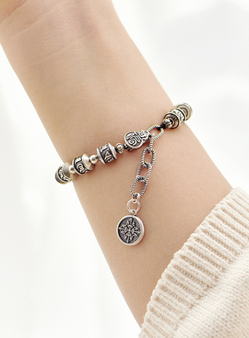 民族风六字真言转运珠女纯银手链