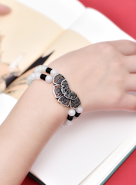 复古民族风玉石纯银蝴蝶手链女
