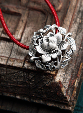 吊坠女纯银复古简约牡丹花送配绳