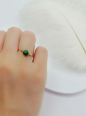 天然孔雀石戒指原创14K圆珠子女