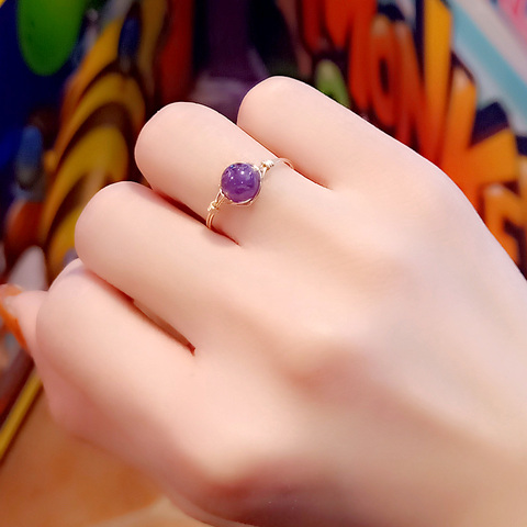 天然水晶紫水晶戒指原创轻奢手工定制14K包金绕线圆珠子指环女