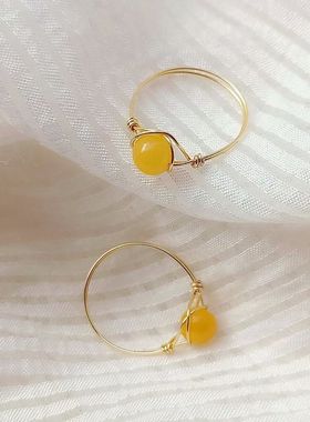 轻奢原创14k包金圆珠子蜜蜡戒指