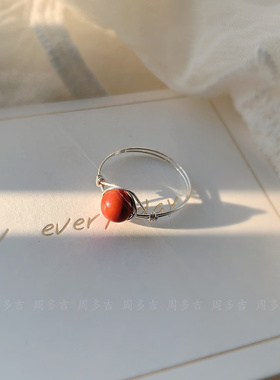 天然红朱砂纯银戒指原创轻奢手工定制99足银本命年路路通指环女