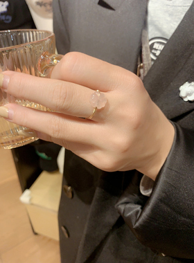 天然粉水晶花朵原创戒指