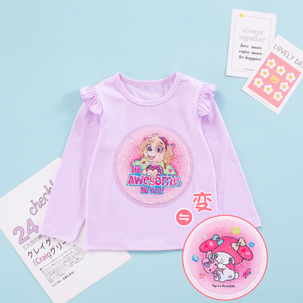 女童洋气上衣春季美乐蒂亮片变色衣服儿童汪汪队春秋纯棉长袖T恤 - 图1