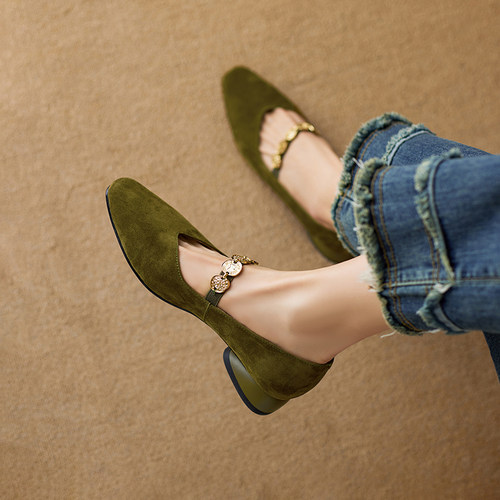 羊皮版~法式方头金币链玛丽珍鞋女2025秋季新款舒适百搭低跟单鞋 - 图0