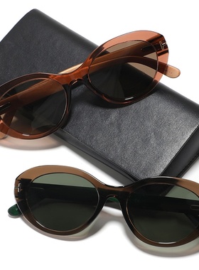 猫眼太阳镜木质腿跨境新款米钉感木夹层椭圆框防晒时尚墨镜女