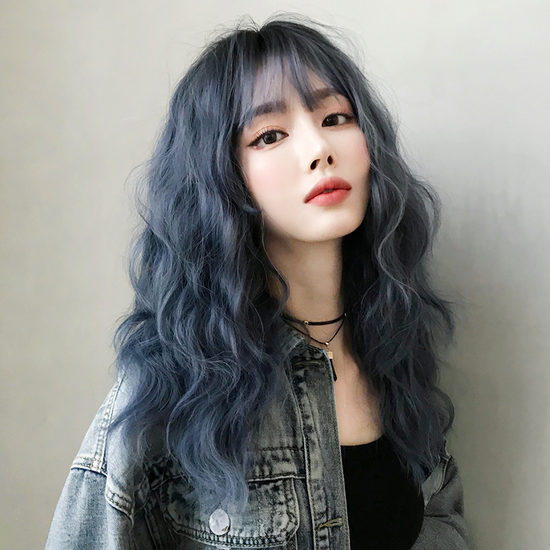 七街皇后假发旗舰店假发女中长发羊毛卷齐刘海短发雾霾蓝自然全头锁骨发网红新式发套1