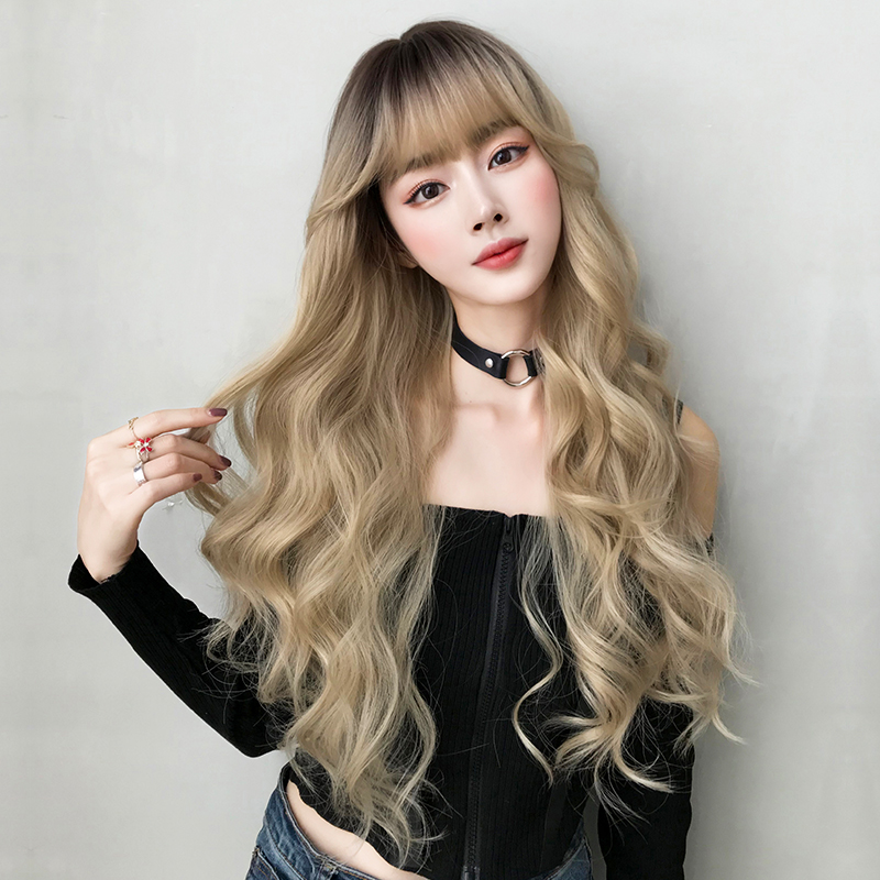 七街皇后假发旗舰店七街皇后假发女长发自然金色长卷发欧美风大波浪空气刘海全头套0