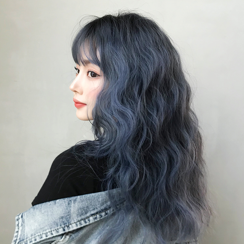 七街皇后假发旗舰店假发女中长发羊毛卷齐刘海短发雾霾蓝自然全头锁骨发网红新式发套3