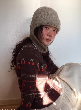 韩国设计师针织圈圈羊毛可爱飞行帽女冬白色护耳保暖毛线雷锋帽子