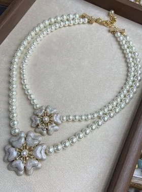 白色戒指珍珠山茶花镶钻项链滴油花朵锁骨链优雅耳环仙气法式