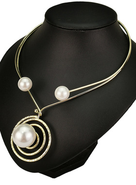 时尚设计师仿珍珠项圈女性时尚金属丝扭矩项链夸张珠子吊坠项链