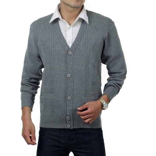 秋冬薄款长袖针织衫老年春秋薄款毛织外套V领开衫爸爸装无领毛衫 - 图3